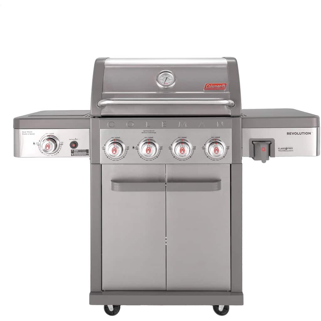 Coleman Revolution 4-Burner Gas BBQ Grill w/ Side Burner, 680-Sq. In. Total Cooking Surface, Flare-Free Grates, Stainless/Gray