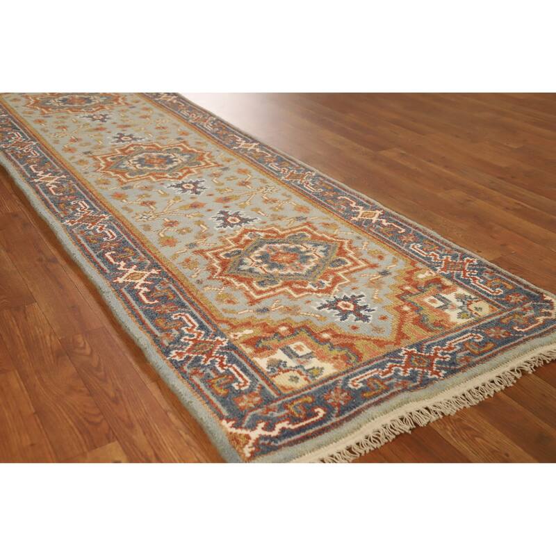 Geometric Heriz Serapi Runner Rug Hand-Knotted Bedroom Wool Carpet - 2'7" x 8'0" - Blue - 2'7" x 8'0"
