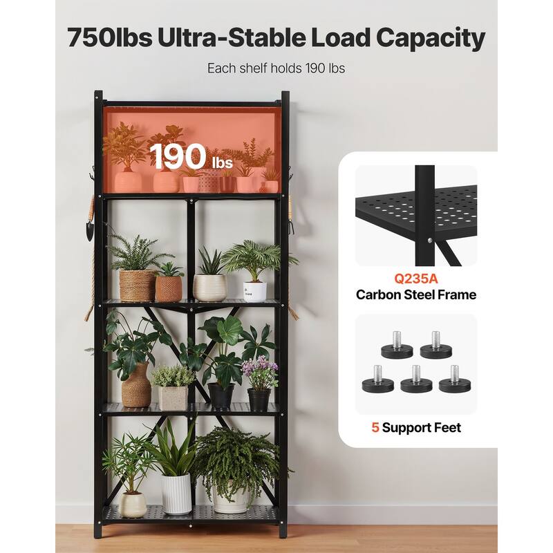 Black Carbon Steel 5 Tier Folding Garage Storage Shelf with Casters and J-Hooks - 13 x 28 x 66 in