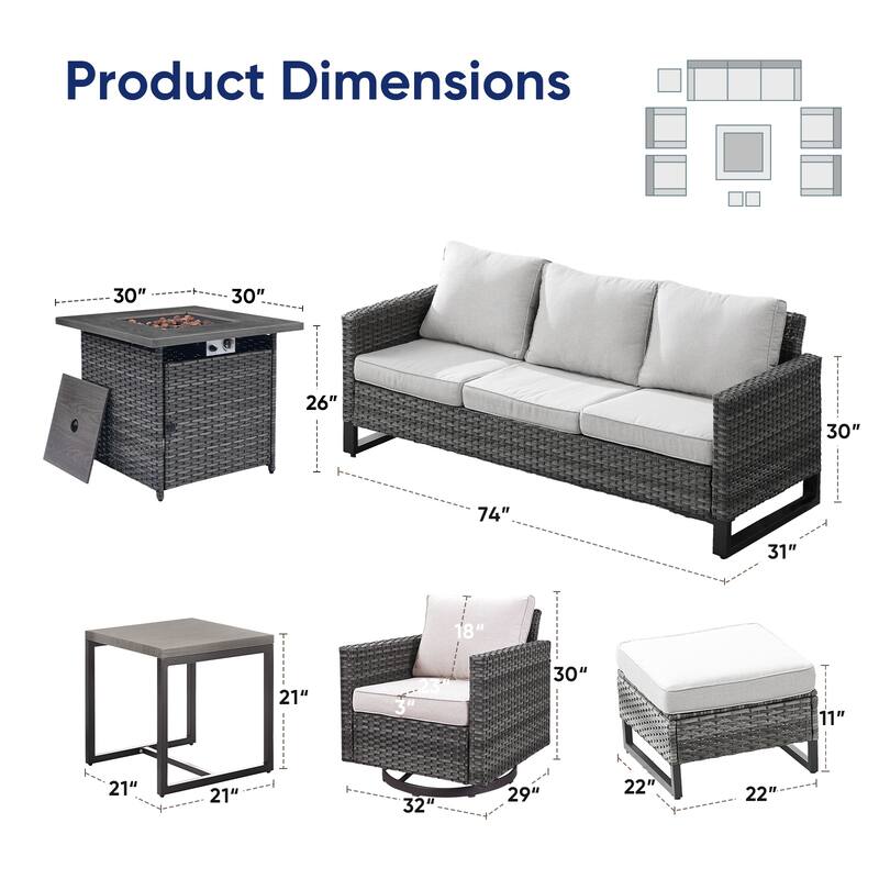 4 Patio Swivel Chairs with Sofa and Fire Pit Table