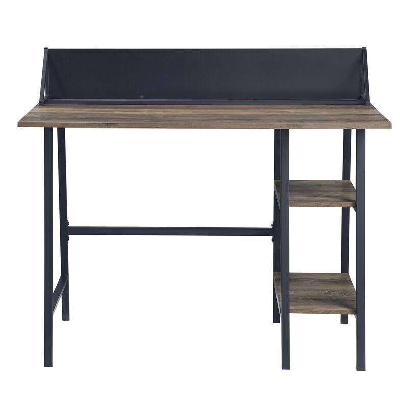 Modern Writing Desk with Metal Base, 2-Tier Shelf Storage, and Smartphone/Tablet Holder for Workspace Organization