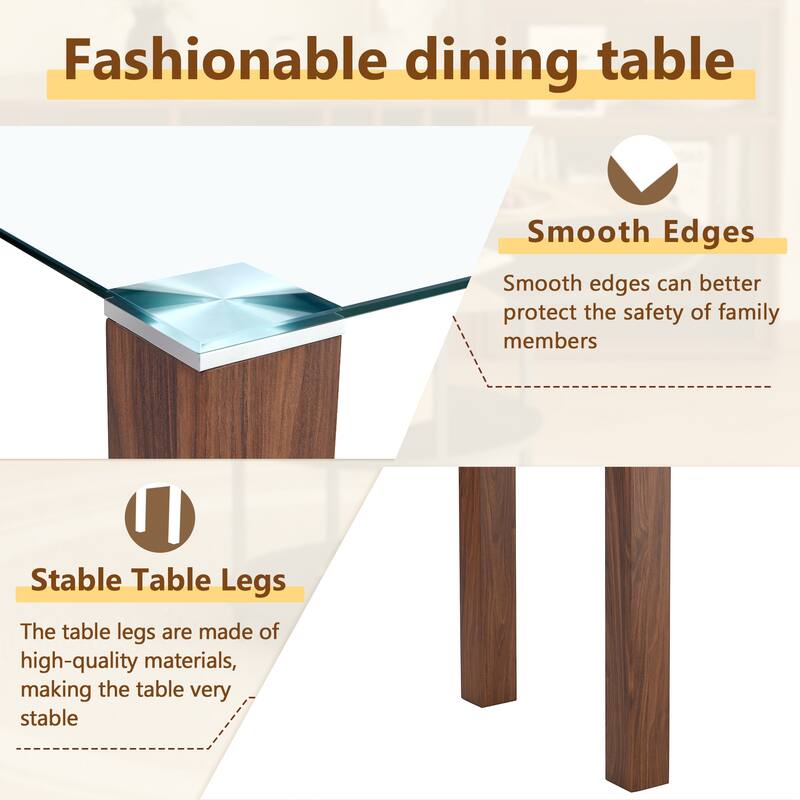 Roomfitters 5pcs Glass Dining Table Set with Walnut MDF Legs and Ergonomic Technology Fabric Chairs, Brown