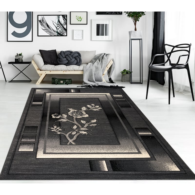 Rhodes Collection Anthracite/Light Grey Floral Area Rug