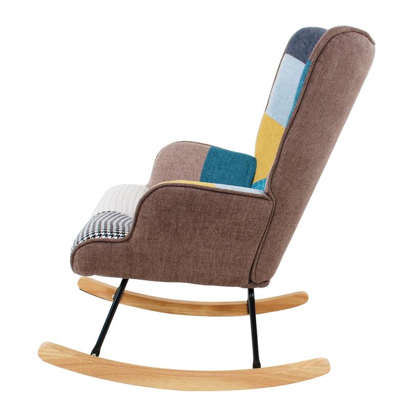 Modern Living Room Patchwork Linen Fabric Rocking Chair with Wood Legs