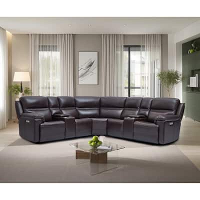 121" W Genuine Leather Dual-Power Sectional Sofa with Two Consoles, Zero Gravity, UsB & Type-c Ports and1 Power armless chair
