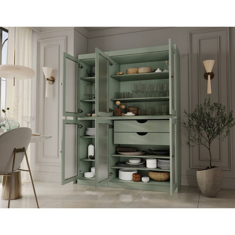 100% Solid Wood 48.5" Pantry Cabinet with Frosted Glass Doors and 2-Drawers - Sage