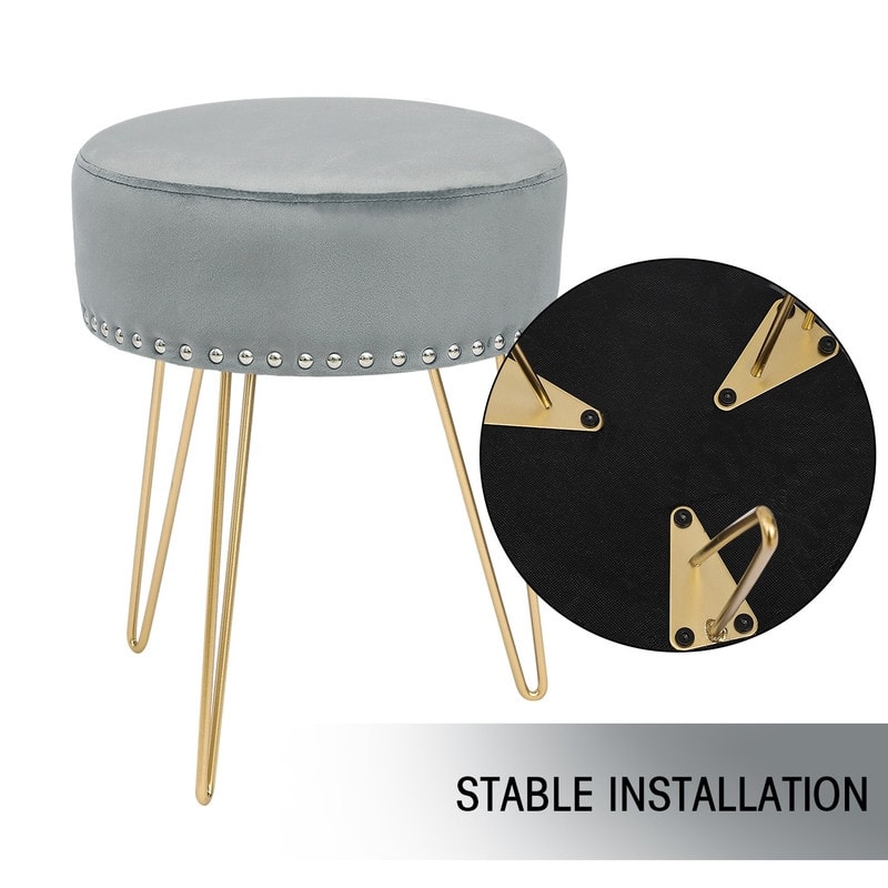Adeco Footstool Round Ottoman Velvet Dressing Stool Gold Metal Legs