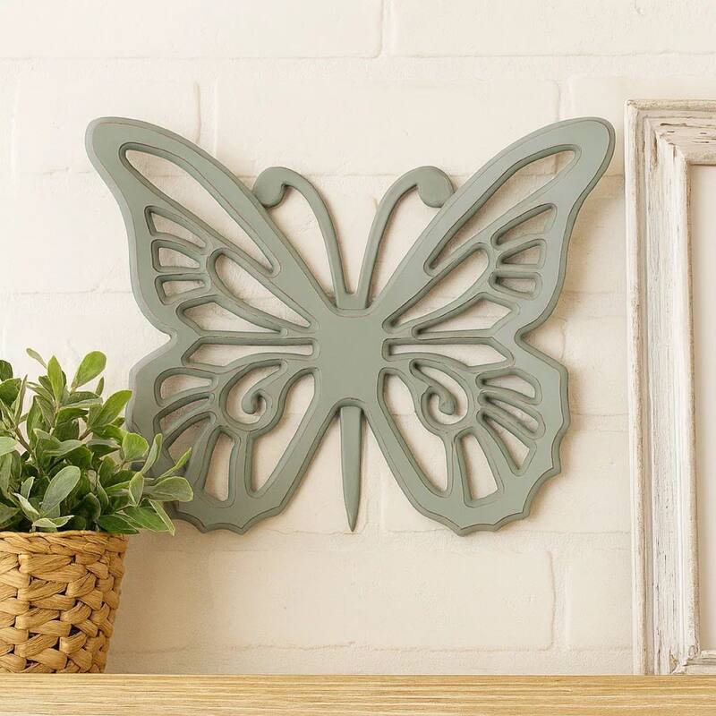 Set of 2 Wooden Butterfly Wall Plaque with Cutout Detail, Light Gray