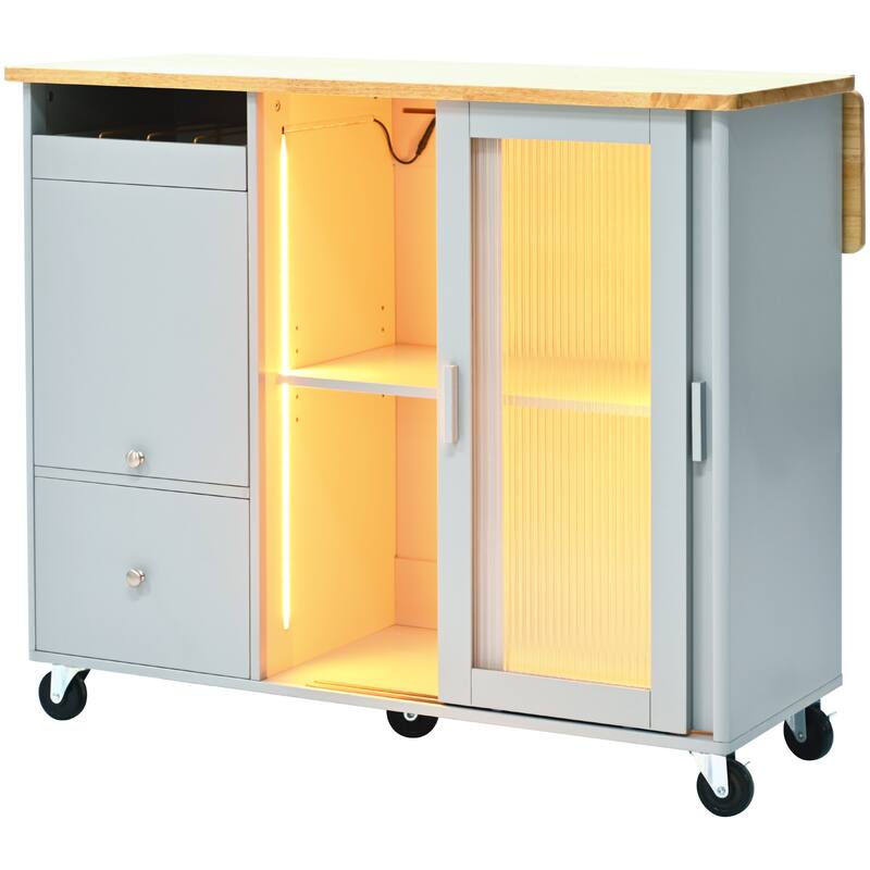 Rolling Kitchen Cart with LED Light, Fluted Glass Doors, Drop Leaf Top, and Adjustable Storage (White)