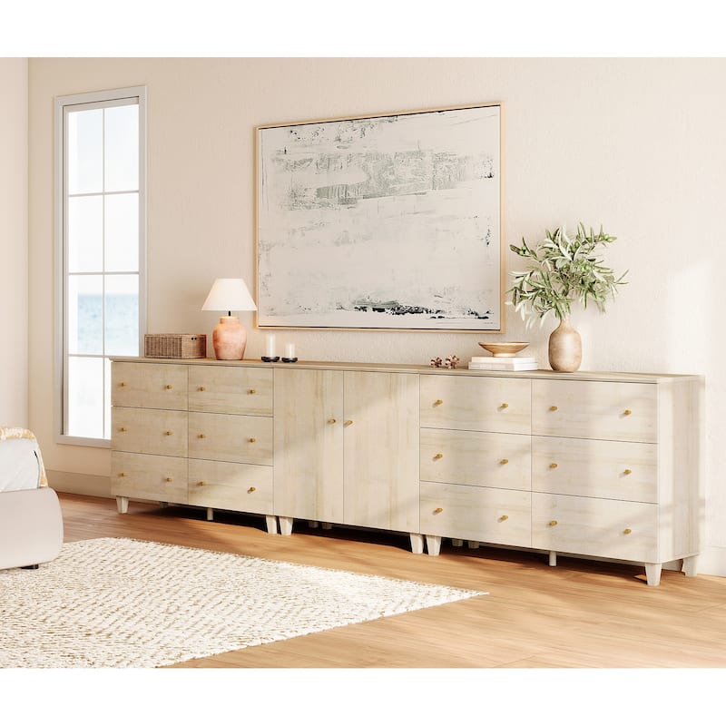Wood Dresser with 12 Drawers and 1 Cabinet for Bedroom, 130" Wide - Light Oak