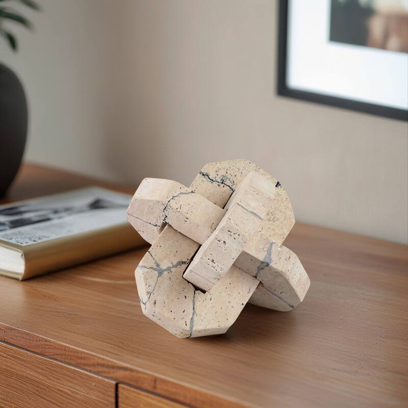 Stone Decorative Object Interlocking Geometric Sculptural Design - 7" x 7" x 7"