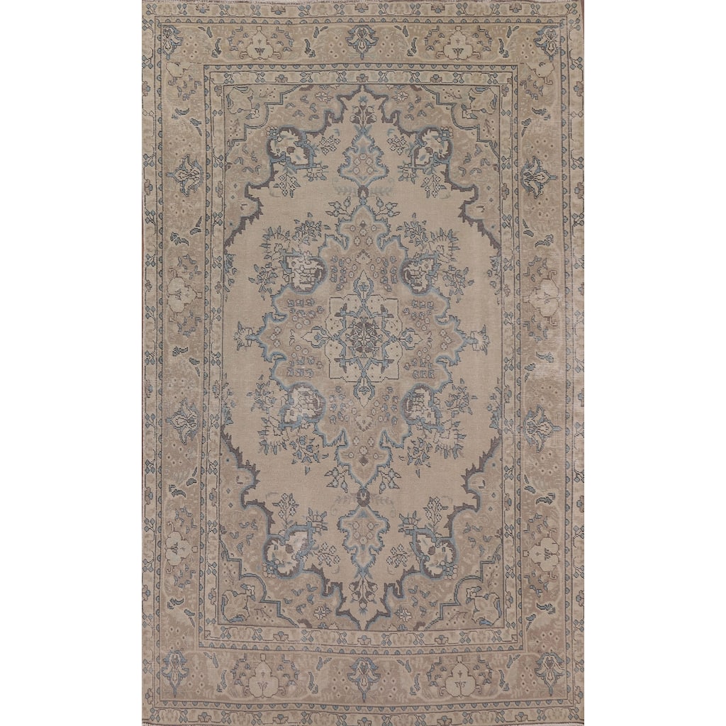 Vintage Distressed Tabriz Persian Rug Beige Handmade Wool Carpet - 6'11" x 10'4"