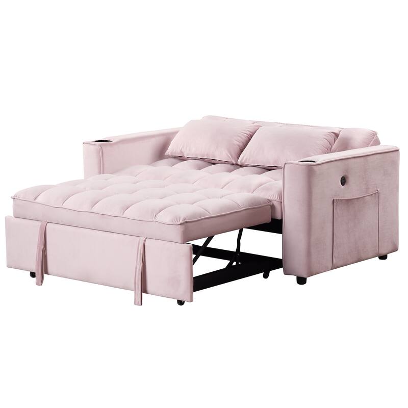 Loveseat Convertible Pull-out Sleeper Sofa Bed Adjustable Backrest Tufted Couch Futon Sofa w2 Pillows, USB Ports Pockets
