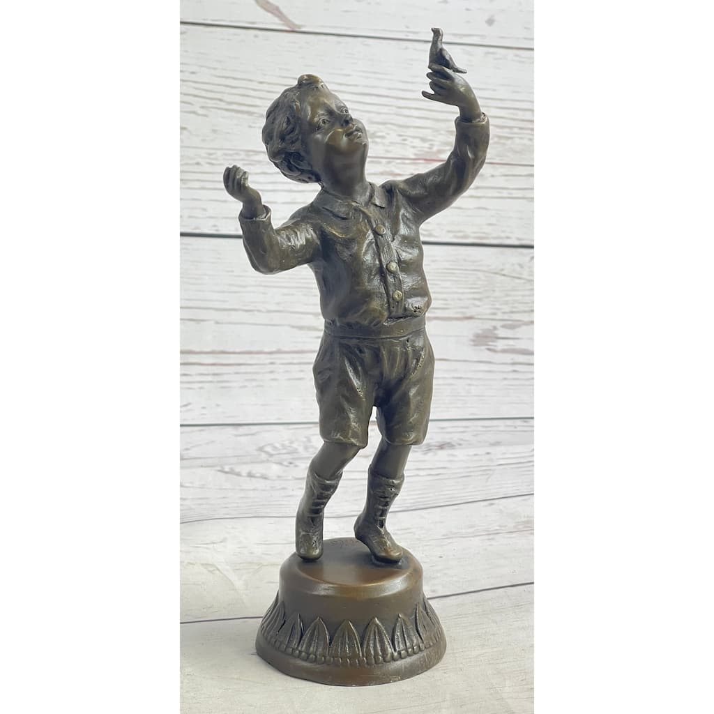 Bronze Sculpture Of A Child Little Boy Holding A Bird - Signed Original Milo Art