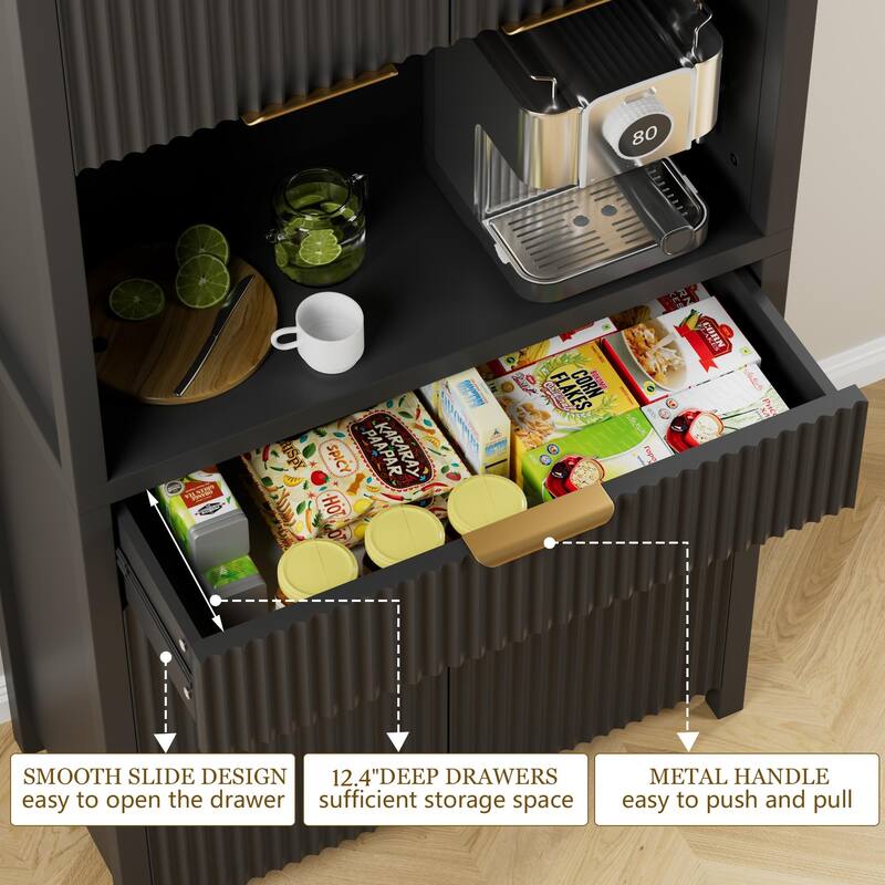 71"Pantry Storage Cabinet with Drawer, Charging Station and Open Countertop for Dining Living Room