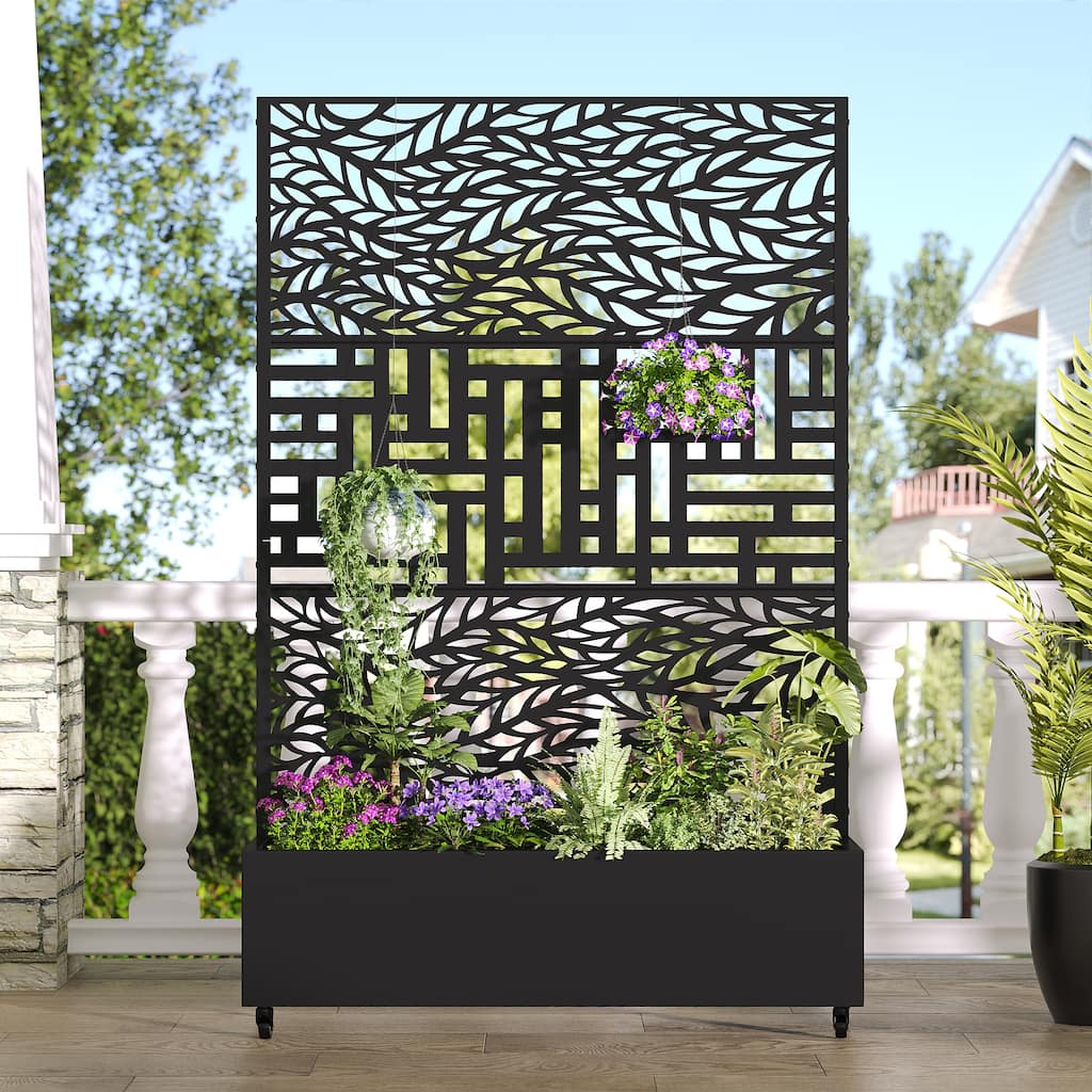 Metal Movable Planter Box with Trellis Privacy Screen Planter Box with Lockable Wheels