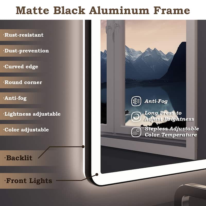 Rectangular Angle Rounded Framed Super Bright LED Wall Mounted Bathroom Vanity Mirror in Matte Black