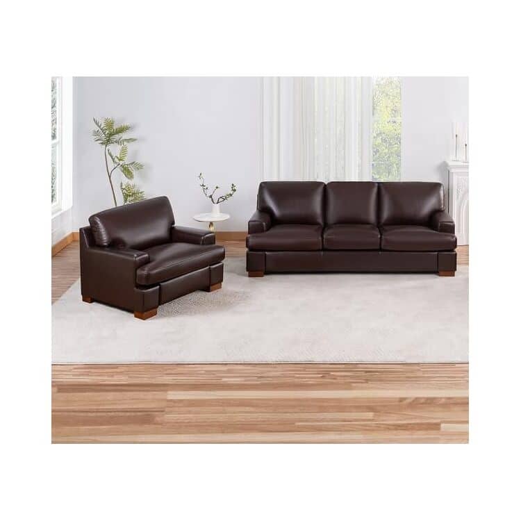 Genuine Leather Sofa Set - Chair, Loveseat & Sofa with Feather Cushions - Sofa&Chair