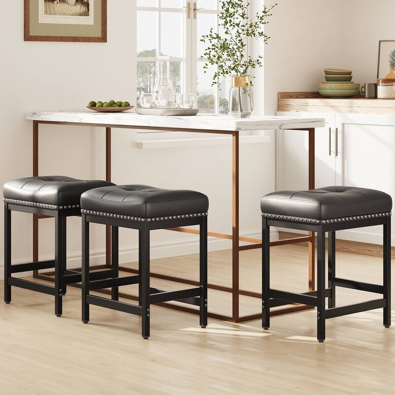 24.4" Backless Bar Stools Set of 2 - PU Leather Counter Height - Kitchen Island & Bar
