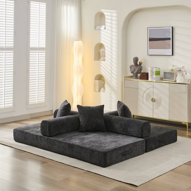 GDFStudio - Comfy Convertible Chenille Folding Mattress Sofa Bed with Armrests for Living Room and Bedroom