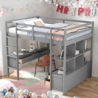 Modern Full Size Loft Bed With Built-in Desk With Two Drawers And Storage Shelves And Drawers