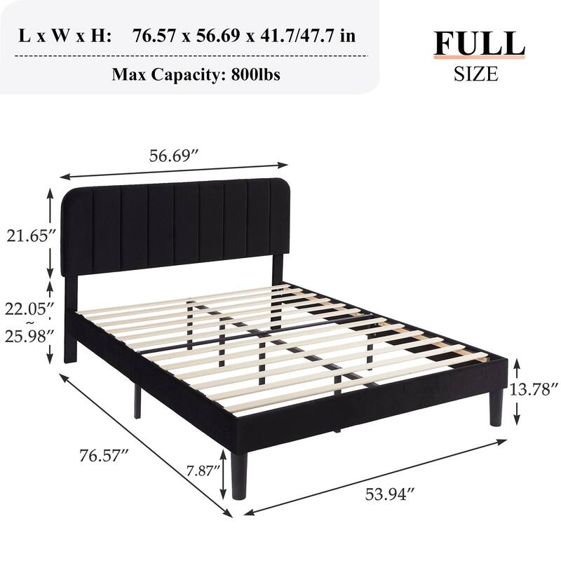 VECELO Velvet Upholstered Bed Frame with Vertical Channel Tufted Headboard, Adjustable Headboard, Wooden Slats Support