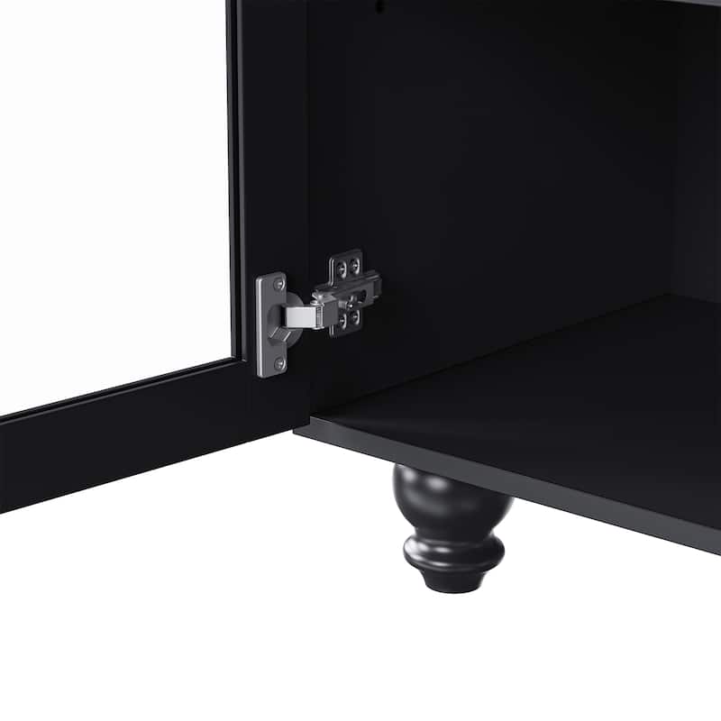 Black + Dark Walnut 63" Farmhouse TV Stand with Tempered Glass Doors for TVs Up to 70"