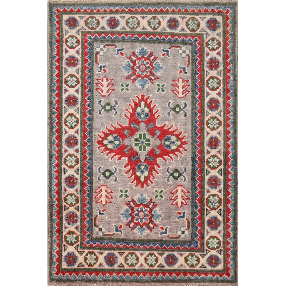 Gray Geometric Kazak Oriental Accent Rug Hand-Knotted Wool Carpet - 2'0"x 3'0"