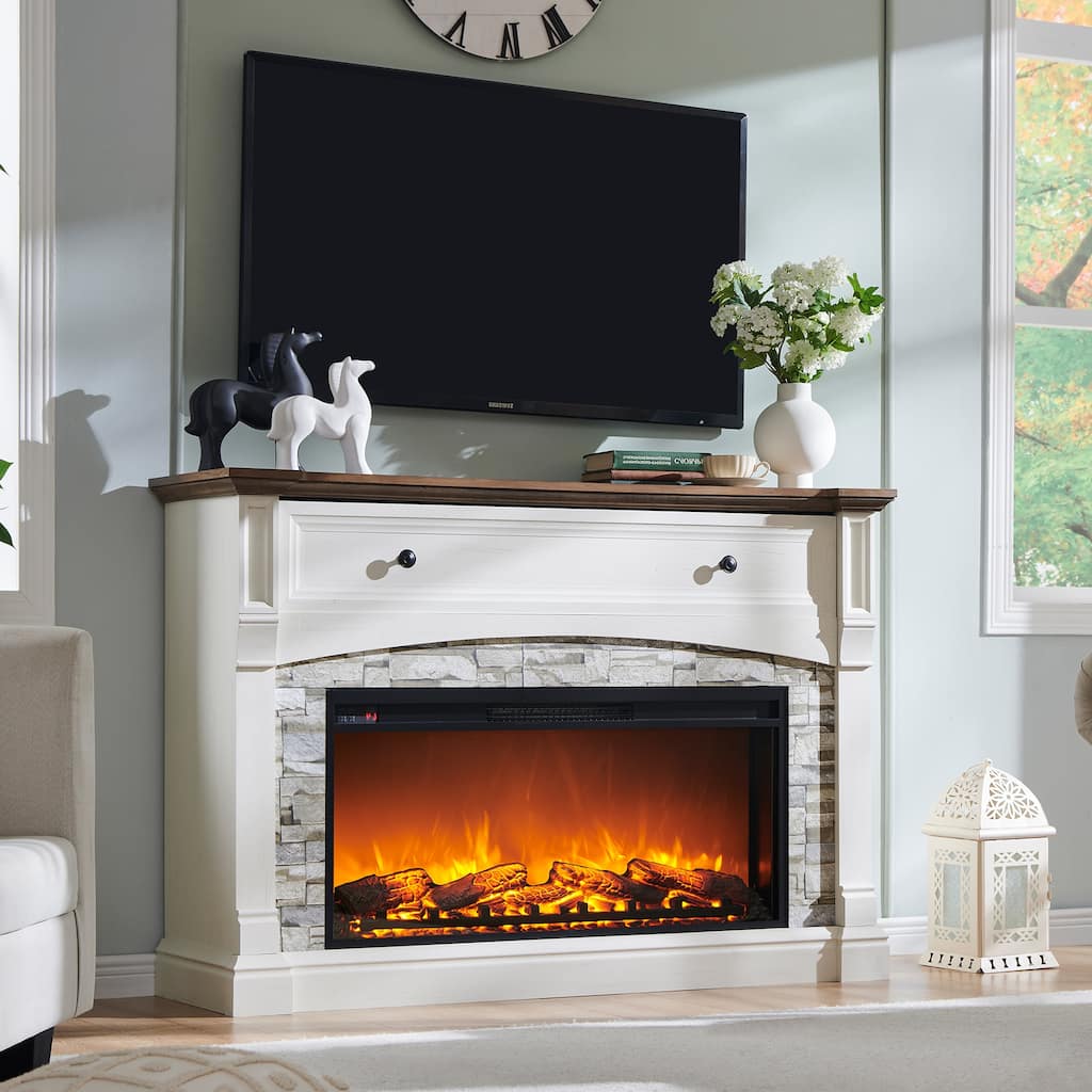 Farmhouse Fireplace TV Stand with Mantel, Tall Entertainment Center