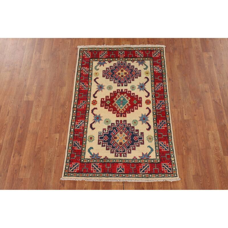 Ivory Geometric Kazak Foyer Rug Hand-Knotted Wool Carpet - 2'9" x 4'2"