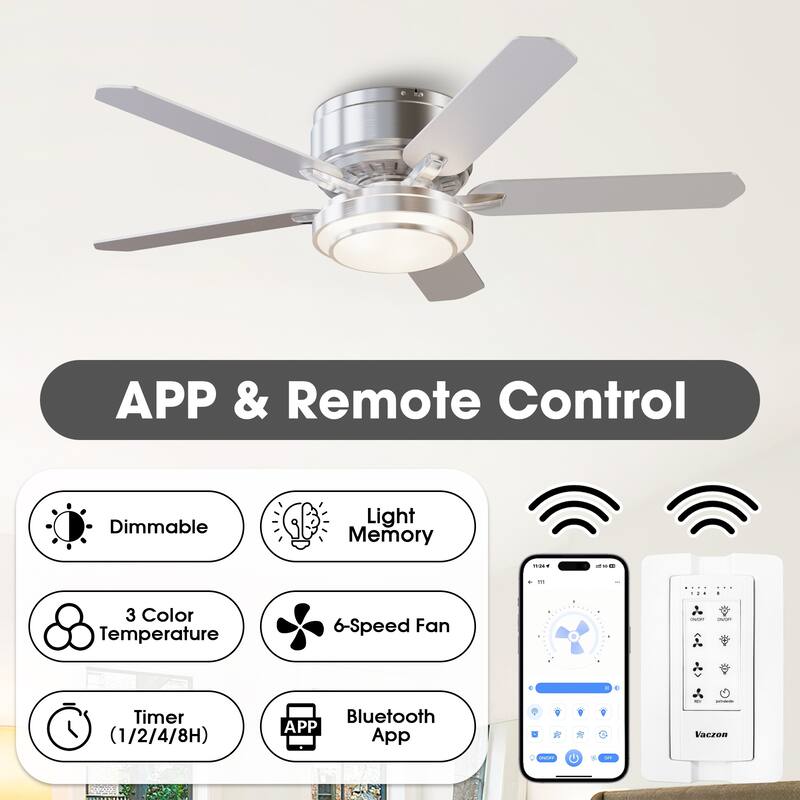 Vaczon 52" Modern Brushed Nickel 5-blade Flush Mount Smart Ceiling Fan with Light and App Control