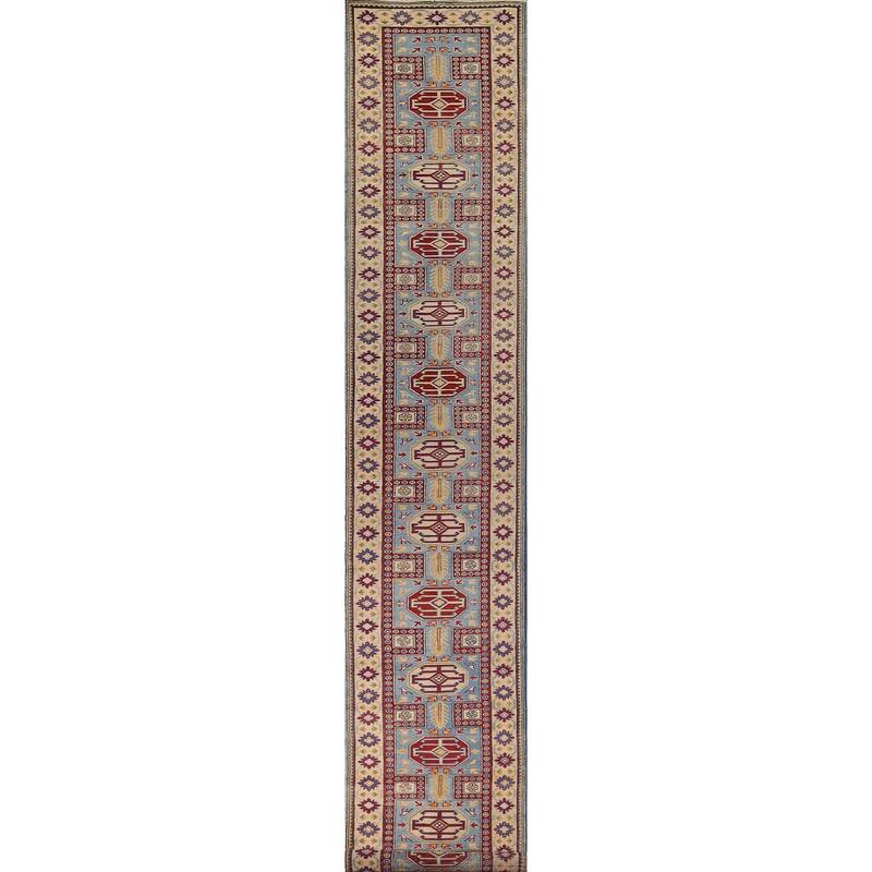 Blue Kazak Oriental Runner Rug Handmade Wool Carpet - 2'7" x 20'6"
