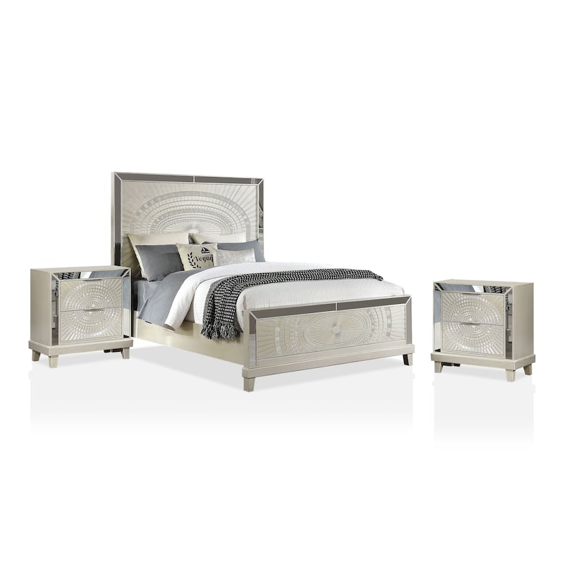 Luela Glam Champagne Wood 3-piece Panel Bed and Nightstands Set with USB Port by Furniture of America