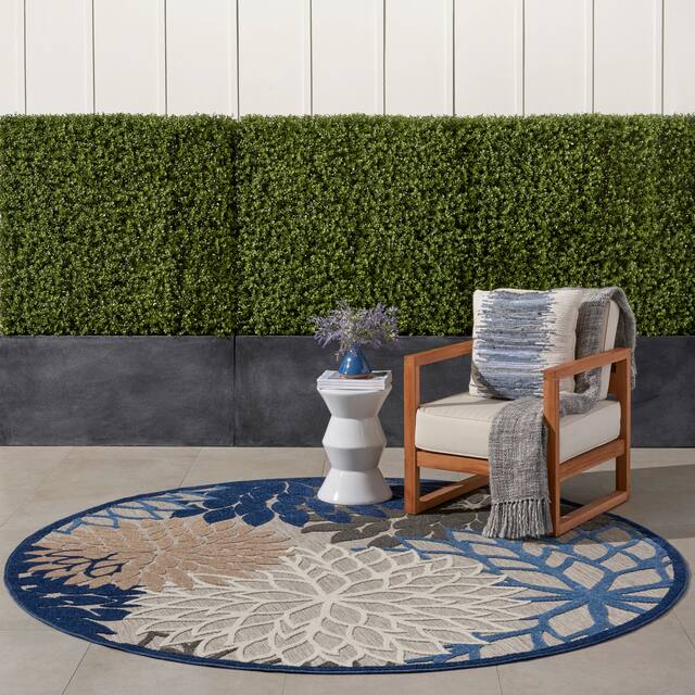 Nourison Aloha Floral Modern Indoor/Outdoor Area Rug - 7'10" Round - Blue/Grey