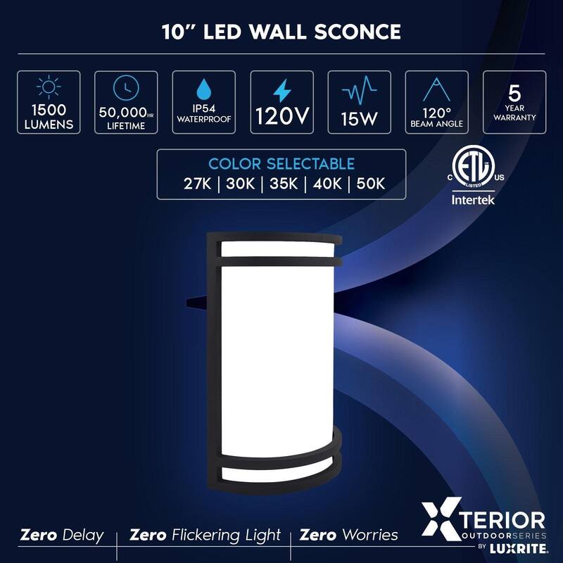 Luxrite 10 in. Black Outdoor LED Wall Sconce Light Fixture 5CCT 2700K-5000K 15W Half Cylinder ETL IP54 Waterproof