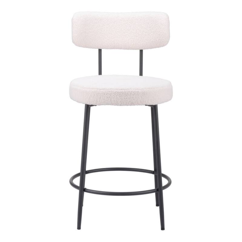 25-Inch Seat Ivory Shearling Upholstered Counter Stools Set of 2 with Low Back and Black Steel Frame - 36.4”H x 18.5”W x 22”D