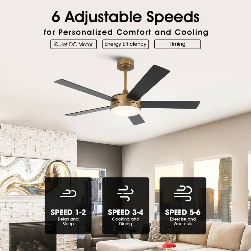 Vaczon 48" Gold Reversible Dimmable LED Smart Ceiling Fan with Light, App Comtrol and Remote