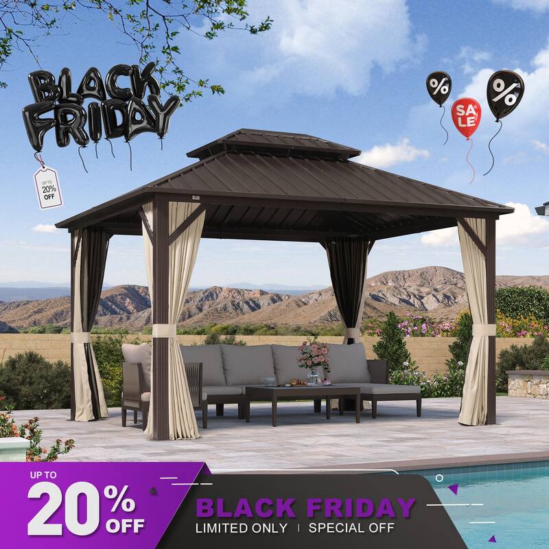 PURPLE LEAF Gazebo Outdoor Gazebo with Dual-Layer Galvanized Steel Double Roof Aluminum Gazebo with Netting and Curtains Bronze