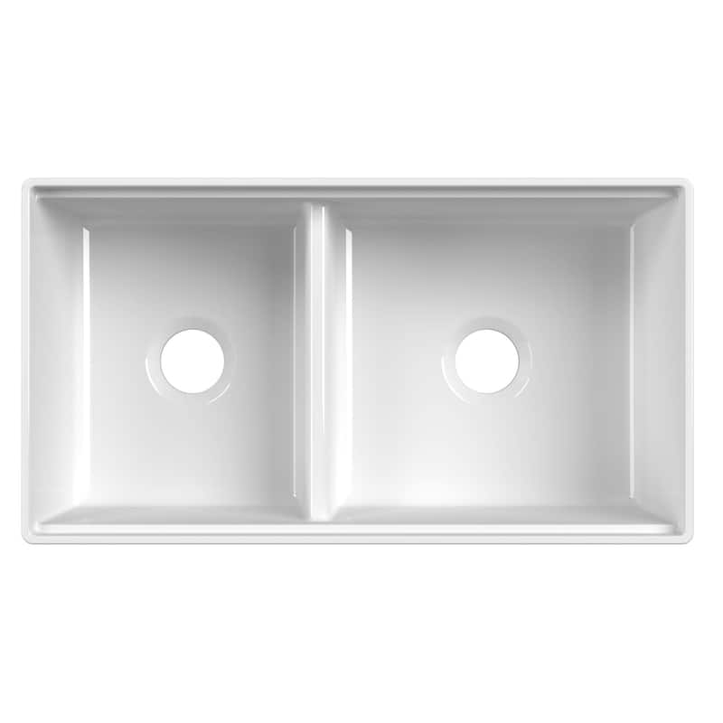 Ruvati 33 inch Fireclay Workstation White Farmhouse Kitchen Sink Apron Front Double Bowl - RVL2382WH - 30 x 18