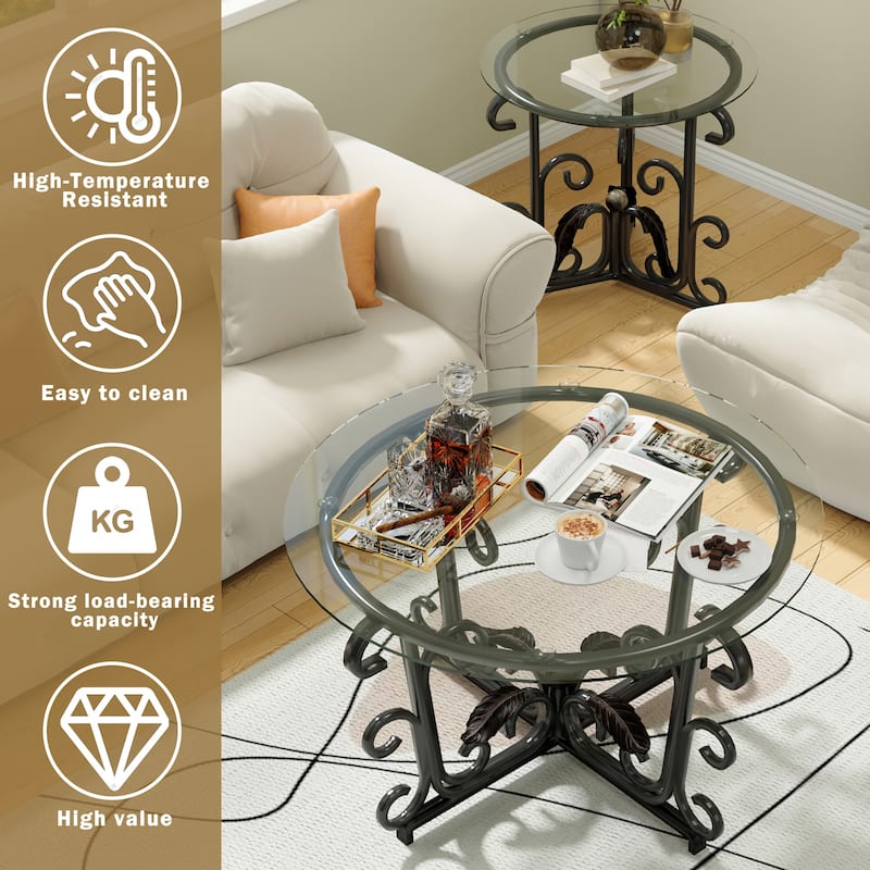3-Piece Coffee Table Set,Tempered Glass Surface with Sturdy Metal Frame-Modern Living Room Sets(1 Coffee Table + 2 End Tables)
