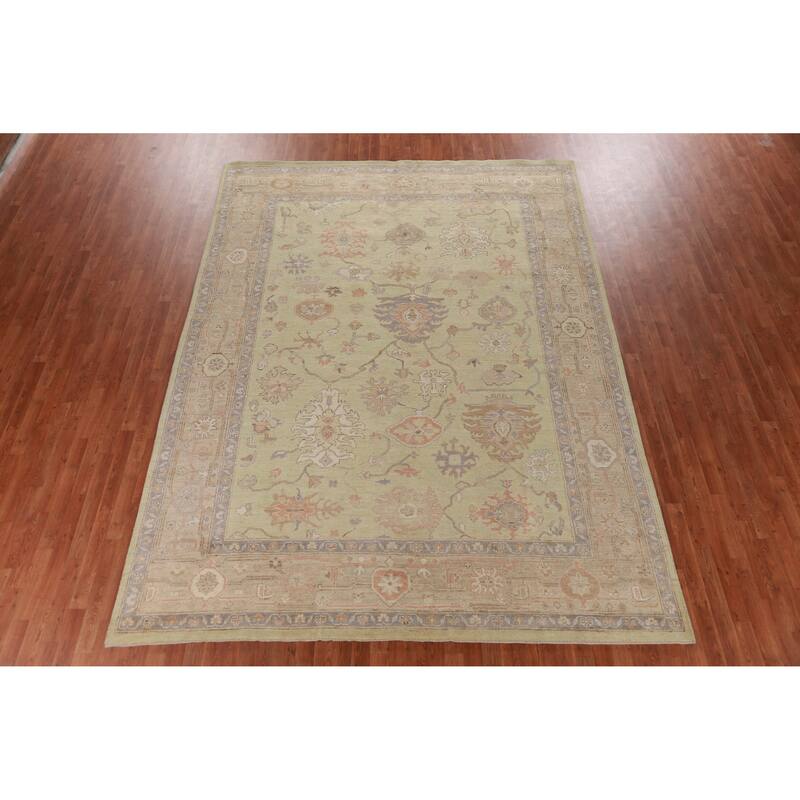 Hand Knotted Oriental 100% Wool Carpet Transitional All-Over Green Oushak Area Rug - 11' 11'' X 8' 10''
