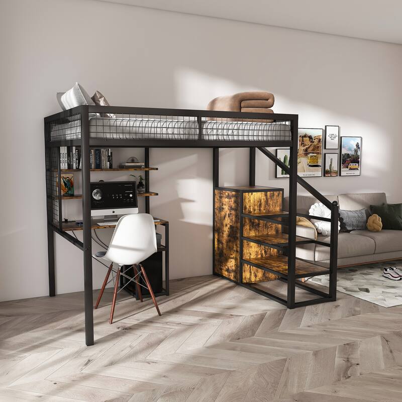 Full-Size Loft Bed with Desk, Wardrobe, and Charging Station - Space-Saving Design for Small Spaces