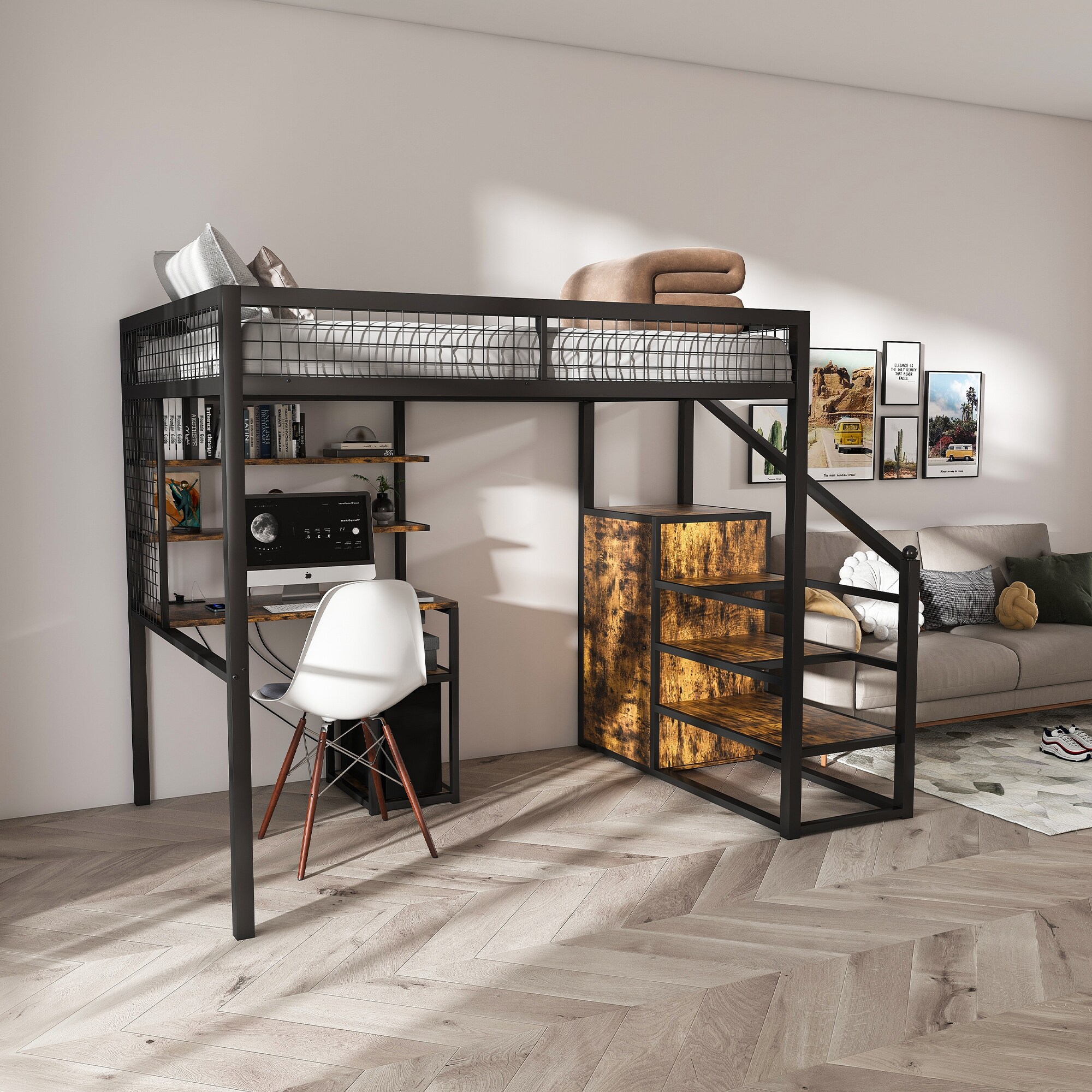Roomfitters Full Size Loft Bed with Desk and Wardrobe, Metal Gaming Bed with Staircase and Charging Station, Black