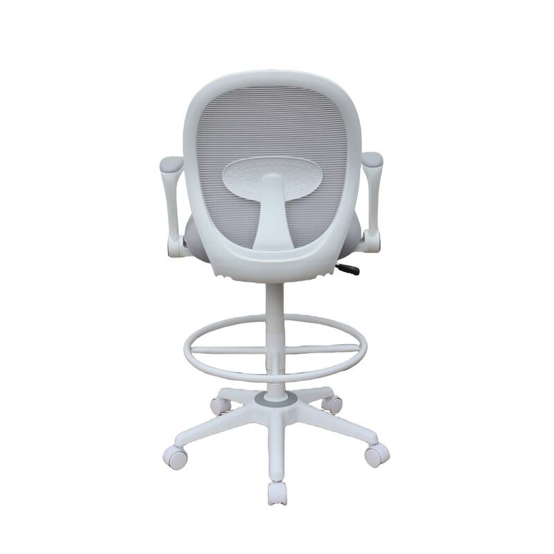 Swivel Office Stool, Flip-Up Arms and White Footring, Gray Mesh Back