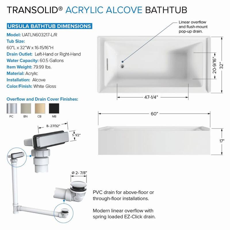 Transolid UATLN603217-L Unity AFR 60" x 32" Three Wall Alcove Acrylic