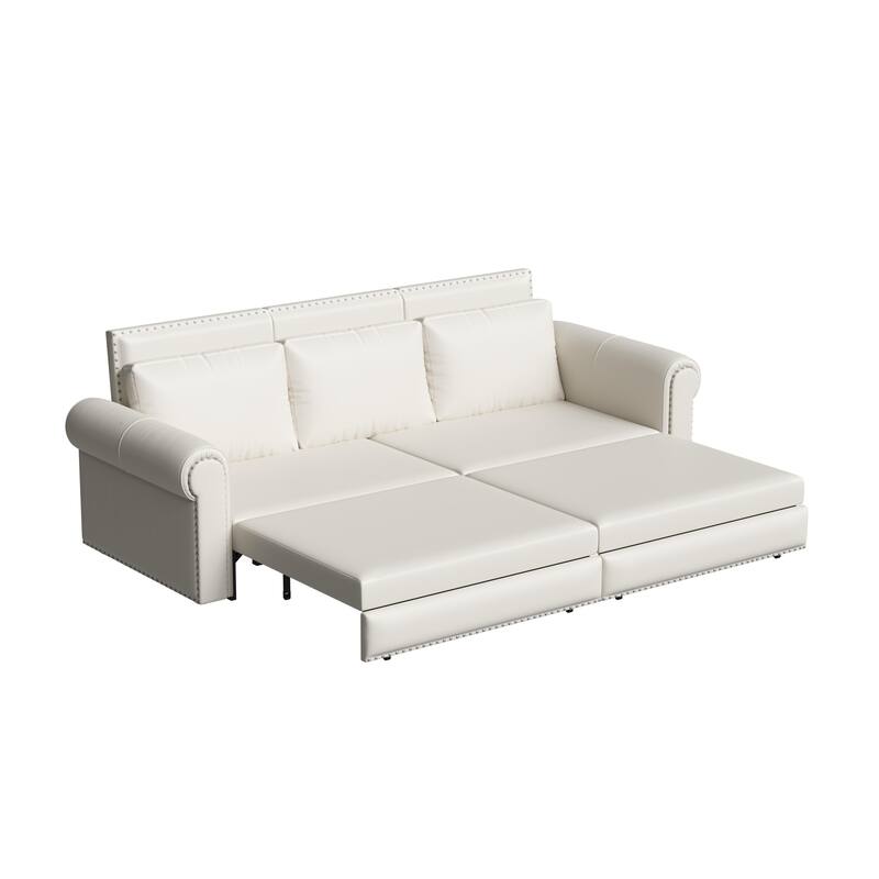 Chesterfield Sofa, 93.7" Faux Leather Convertible Sleeper Sofa Bed, Vintage 3-in-1 Pull Out Couch w/ Nailhead Trim & Rolled Arms
