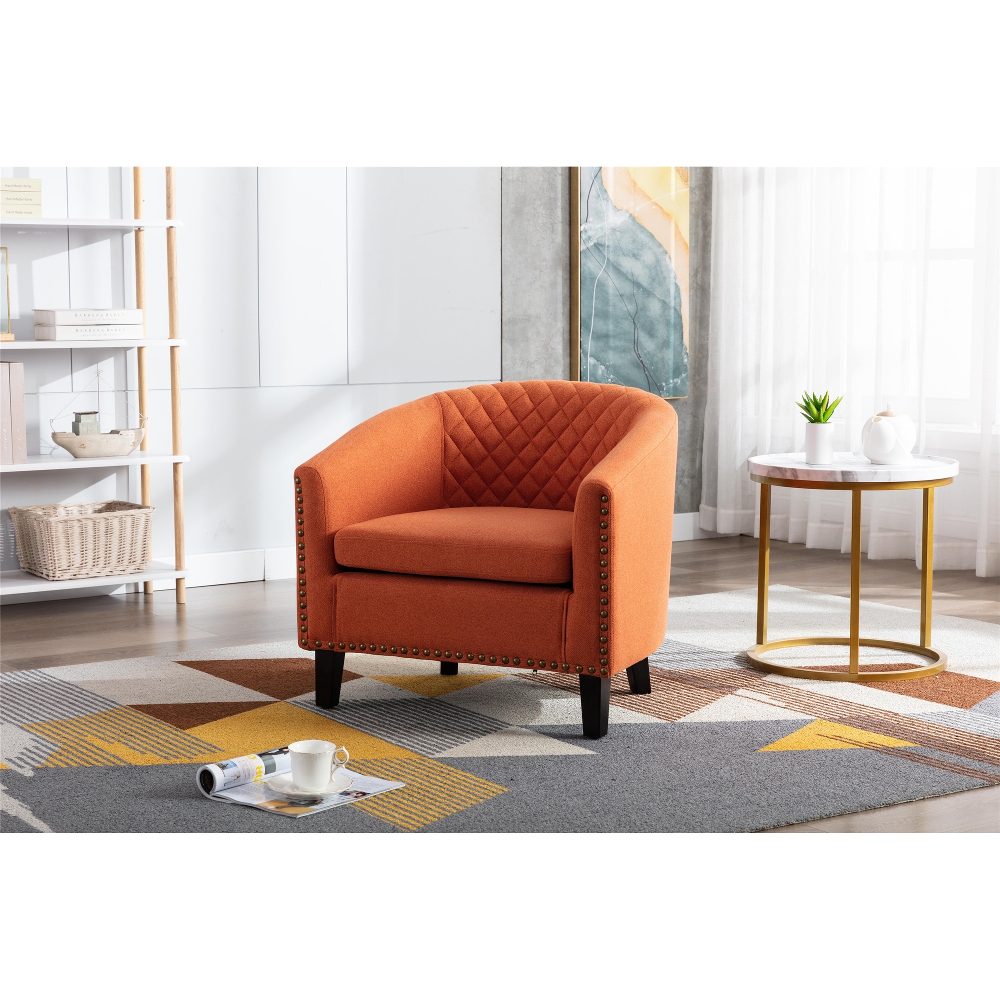 Barrel Accent Chair with Arms Linen Fabric Club Chairs Bucket Chair Upholstered Tub Chair for Living Room Bedroom Orange Linen Bed Bath Beyond 37240521