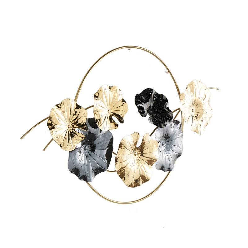 Gold Stainless Steel Metal Floral Home Wall Decor with Circular Frame and Black Accents