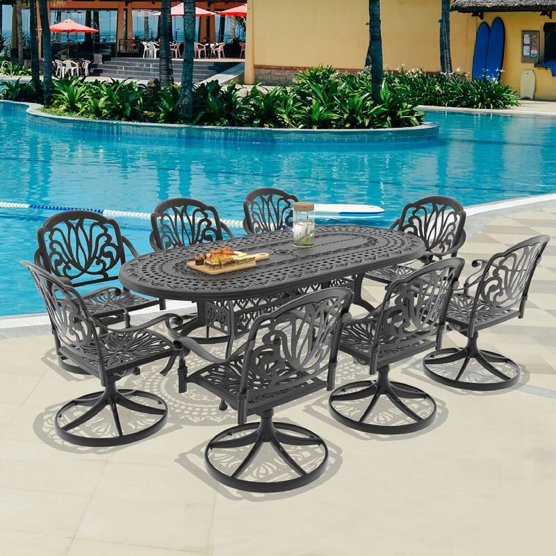 9-Piece Aluminum Oval Outdoor Patio Dining Set, 8 Cushioned Swivel Chairs, Table, All-Weather Frames