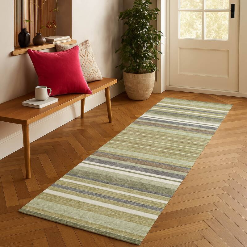 Machine Washable Indoor/ Outdoor Modern Stripes Chantille Rug